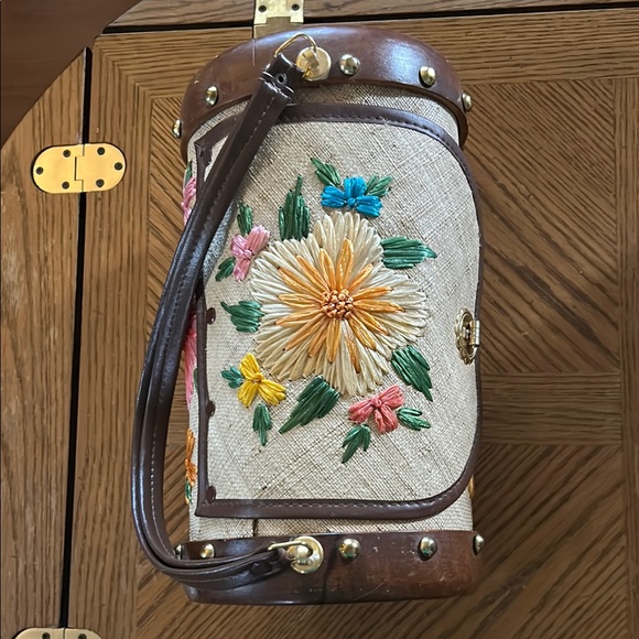 Vintage Floral Embroidered Raffia & Wooden Barrel Bag ~ Bags By Whidby Inc. - Picture 13 of 14